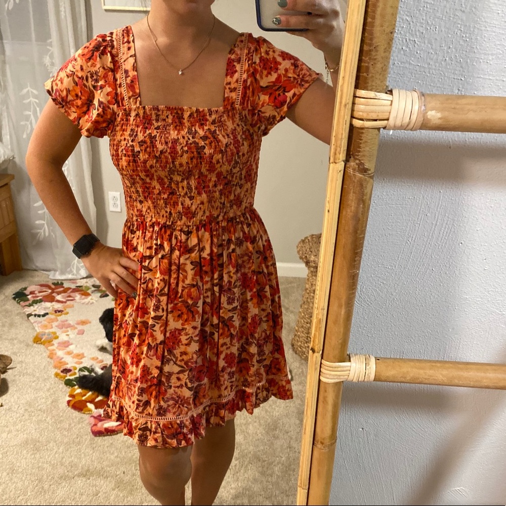 Cap sleeve red floral dress